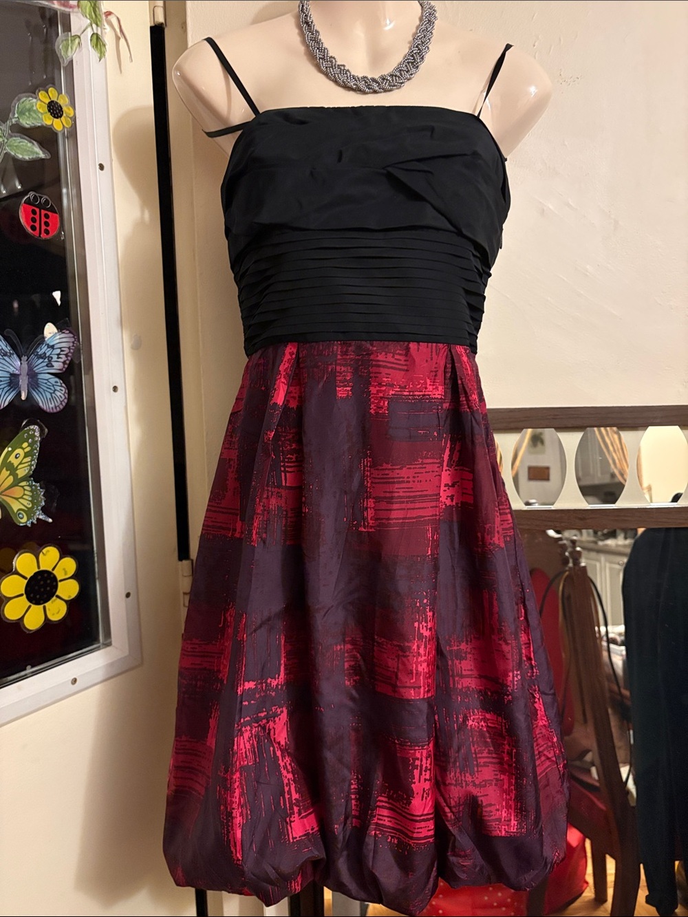 BCBGMaxAzria Black and Red Strapless Bubble-Hem Dress. Silk